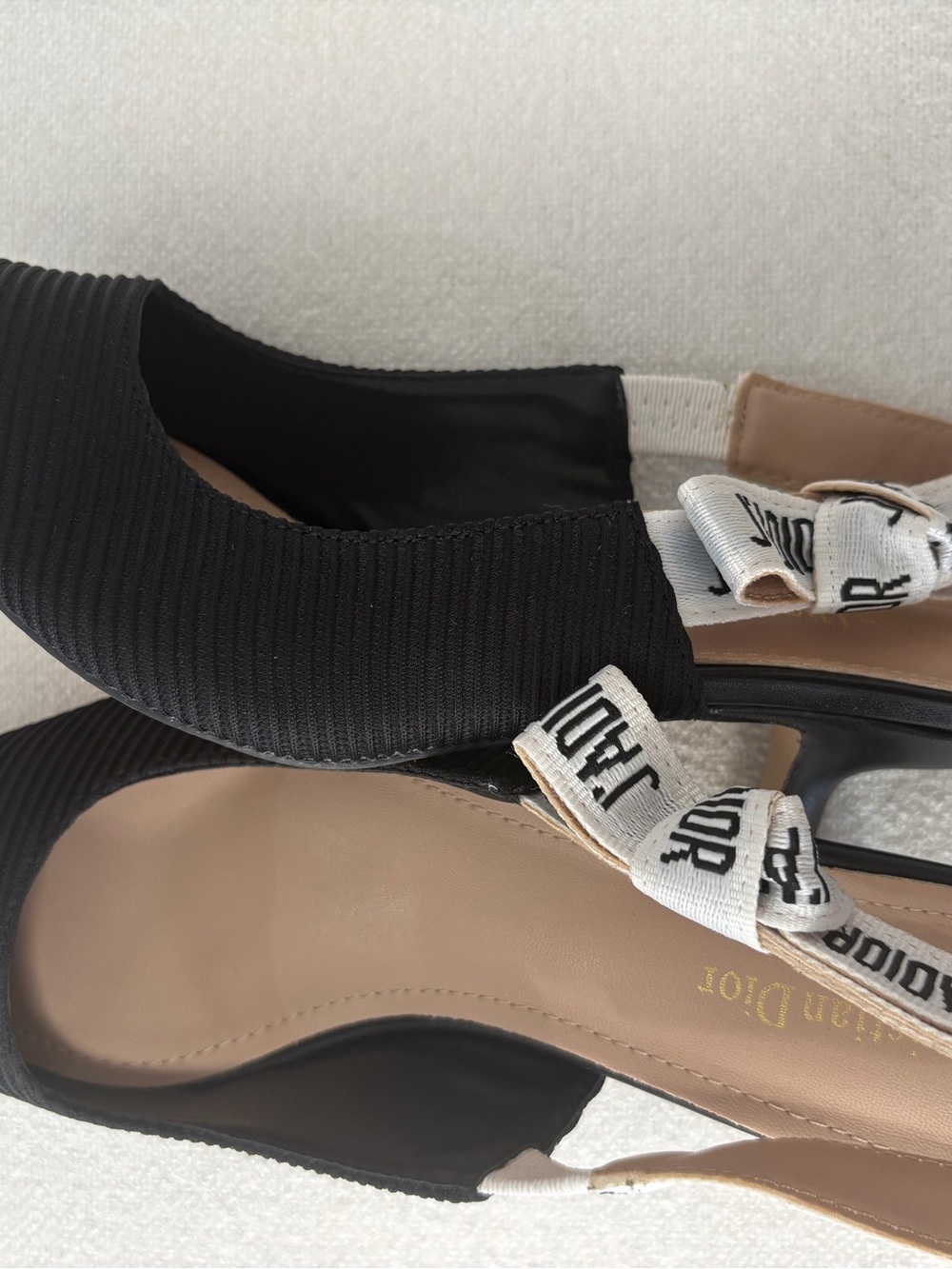 Dior Black Pointed-Toe Slingback Flats with White Logo Strap - Picture 2 of 3